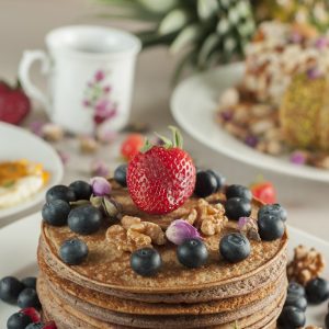 pancake, strawberry, tea